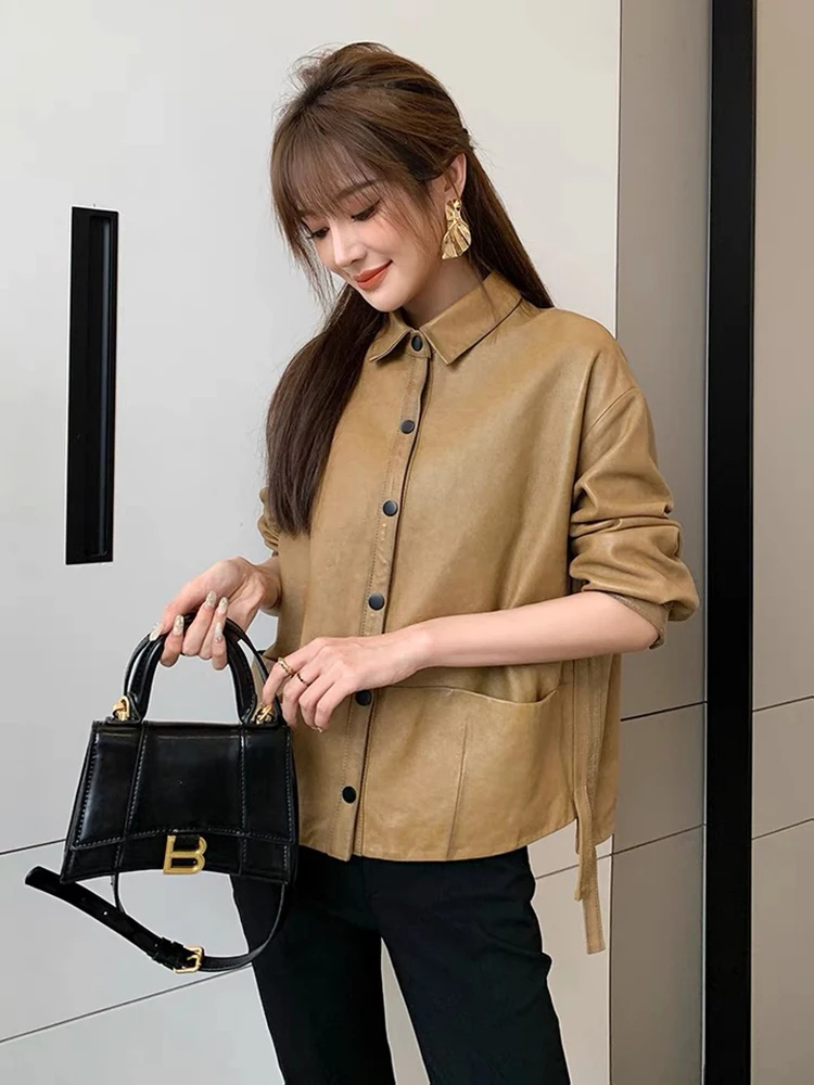 Women Genuine Sheepskin Leather Spring Autumn Fashion Classic Khaki Real Leather Jacket Oversize Loose Real Leather Coat