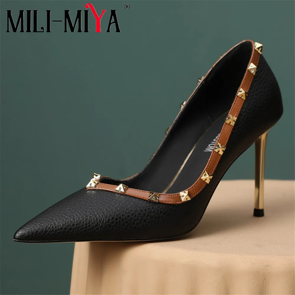 

MILI-MIYA New Arrival Sexy Super High Thin Heels Women Genuine Leather Pumps Rivets Pointed Toe Slip On Dress Party Shoes