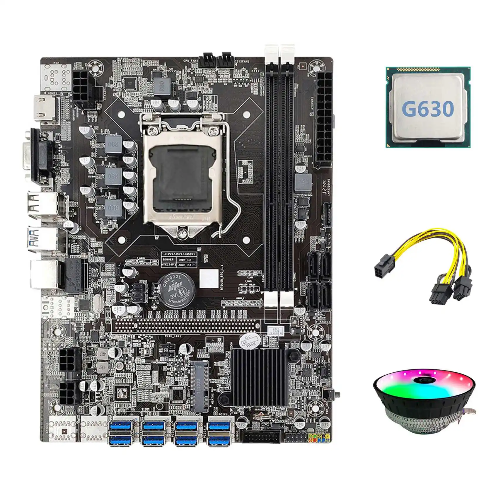 

B75 ETH Mining Motherboard 8XPCIE to USB+G630 CPU+RGB Fan+6Pin to Dual 8Pin Cable LGA1155 B75 BTC Miner Motherboard