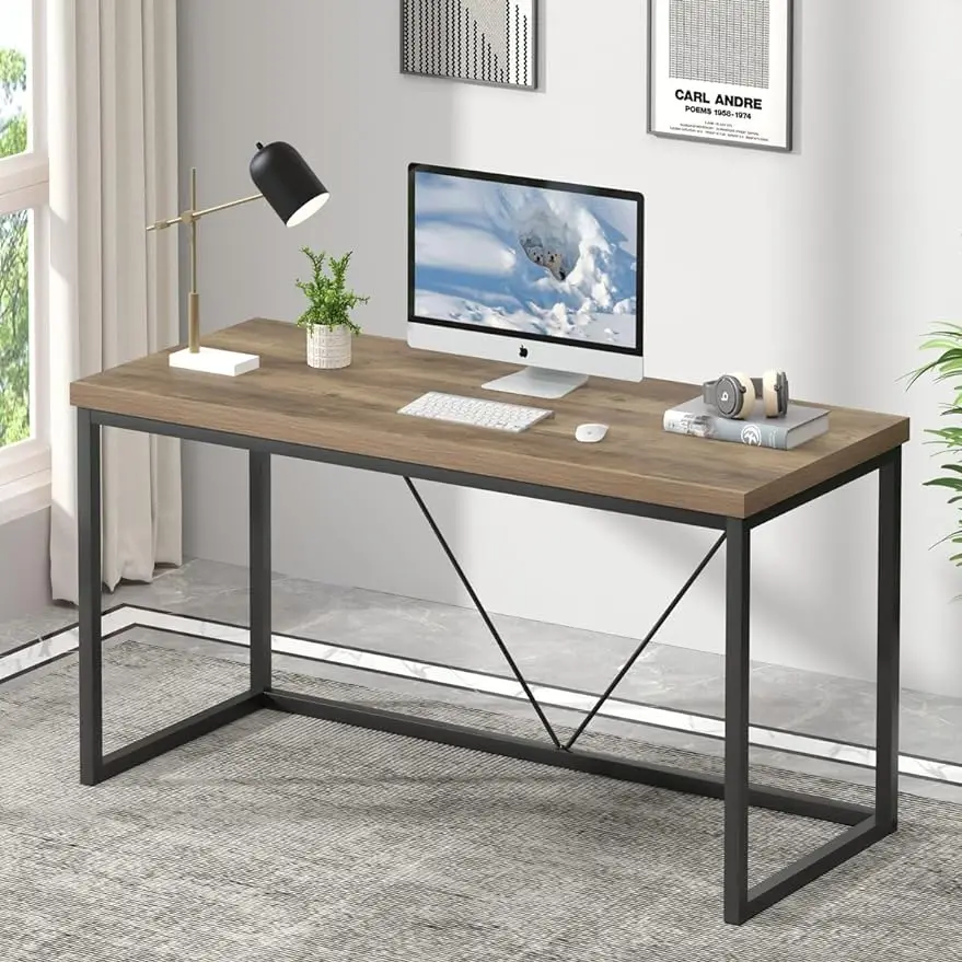 

FOLUBAN Modern Computer Desk, Rustic Wood and Metal Writing Desk, Vintage PC Table for Home Office, Oak 55 inch