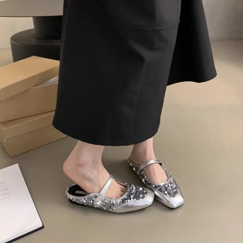 

Женские полутапочки Baotou, весна-лето 2024, новинка, внешняя одежда, сказочные туфли Muller, Туфли Мэри Джейн с блестками на плоской подошве