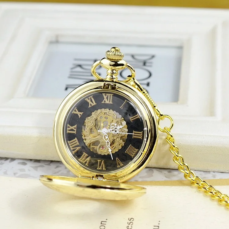 Luxury Golden Mechanical Pocket Watch for Men Women hollow Dial Roman Gold Case Fob Chain Pendant Clock for Collection Gift