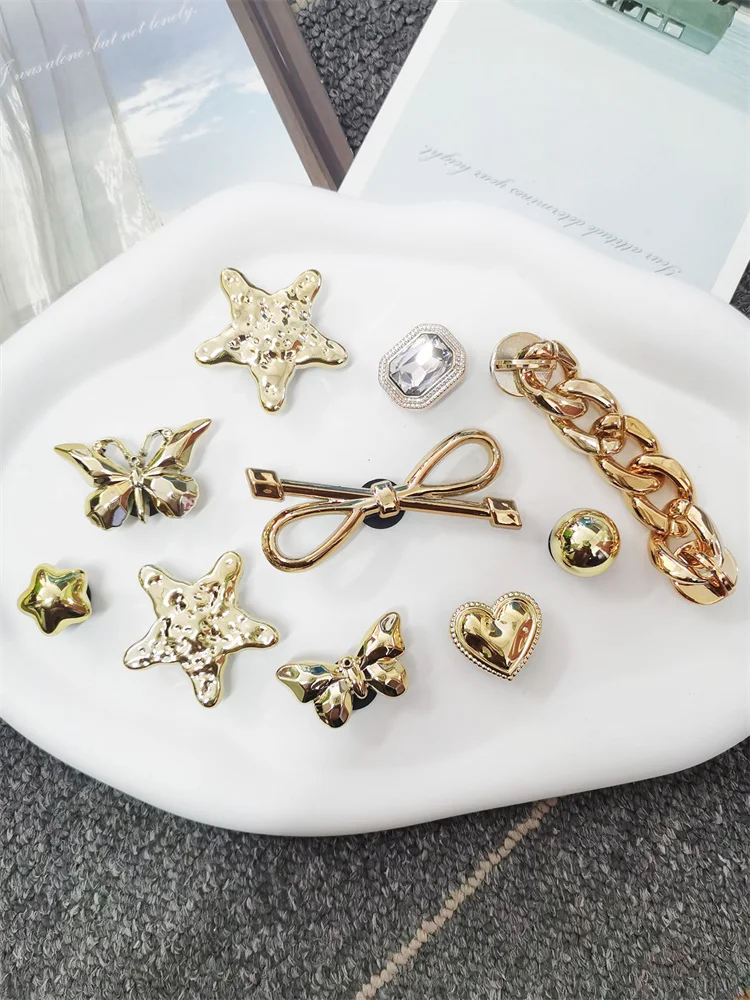 10PCS Shoe Charms Buckles Accessories DIY Clog Parts Gold Color Chain Bowtie Star Decorations Fit Women Adults Beach Bag Sandals