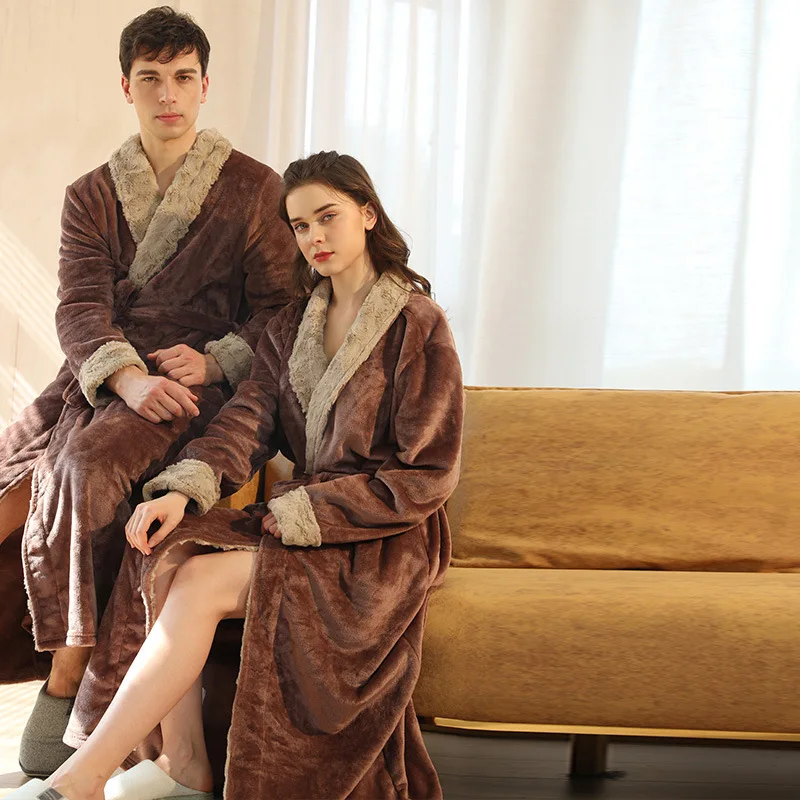Coral Fleece Couple Bathrobes Plush Flannel Nightgown Women's Warm Robes Men's Autumn Winter Thickened Long Sleepwear Home Wear