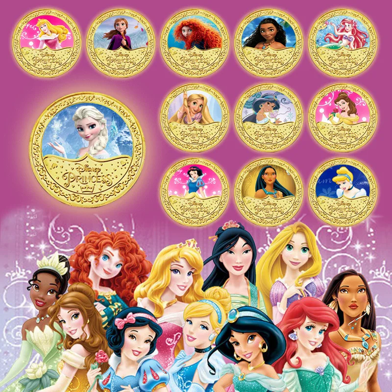 

Disney Snow White Princess Commemorative Coin Anime Figures Mermaid Arlo Princess Theme Metal Ornament Children Birthday Gifts