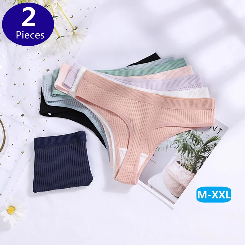 2 Pcs G-string Panties Cotton Women  Underpants Ladies Ribbed Thong Solid Color Low Waist Bikini Briefs Underwear Plus Size