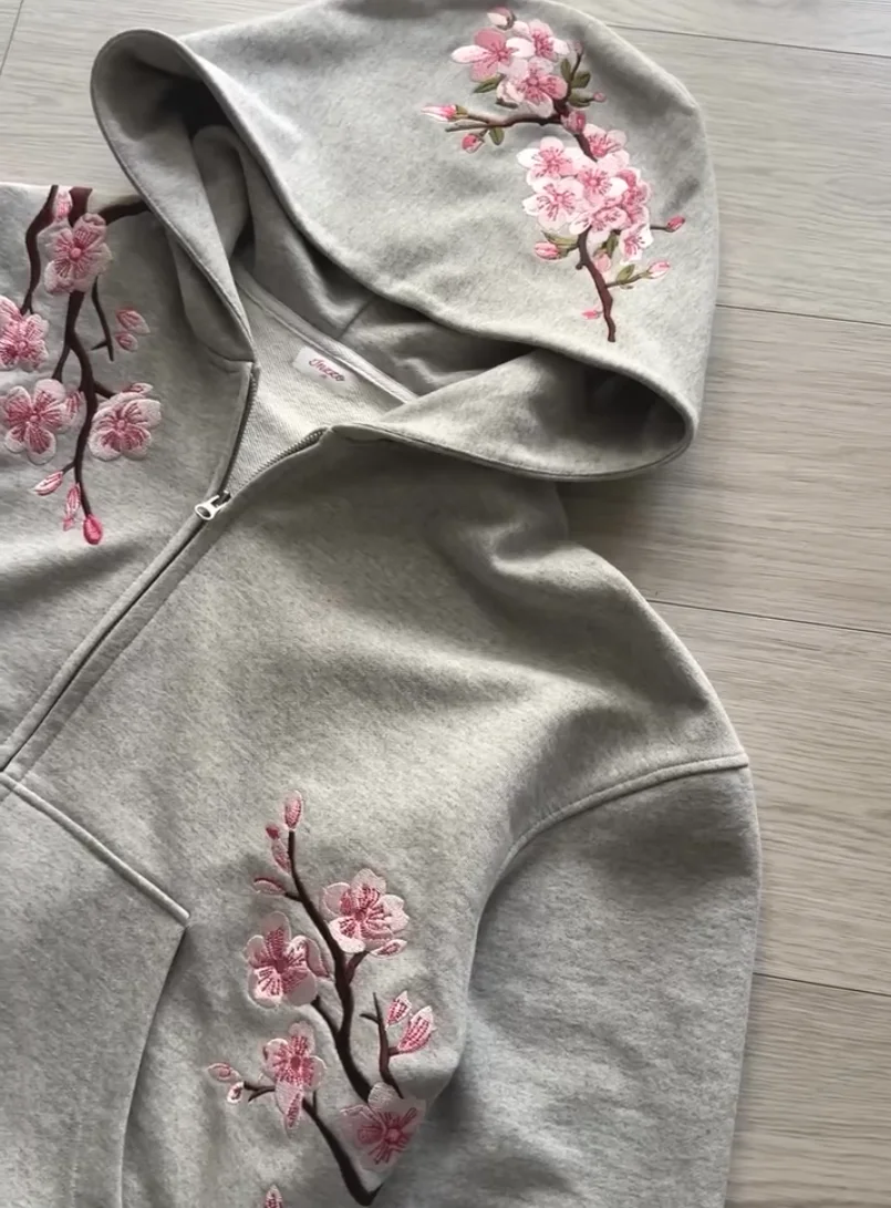 Y2K Vintage Oversized Cherry Blossom Embroidered Hooded Jacket Mens Womens Pink Zipper Coat Harajuku Hip Hop Graphic Streetwear