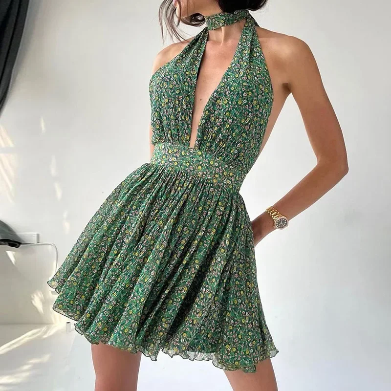 

Green Printed Womens Dresses Sexy Backless Woman Clothing Elegant High Waist Women's Dress 2023 Autumn Halter Deep V-neck Gowns
