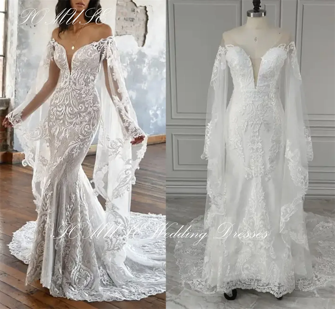 

POMUSE Boho Off Shoulder Wedding Dress Flare Sleeves Appliques Tulle Wedding Bride Gown Custom Made Vestido De Novia for Women