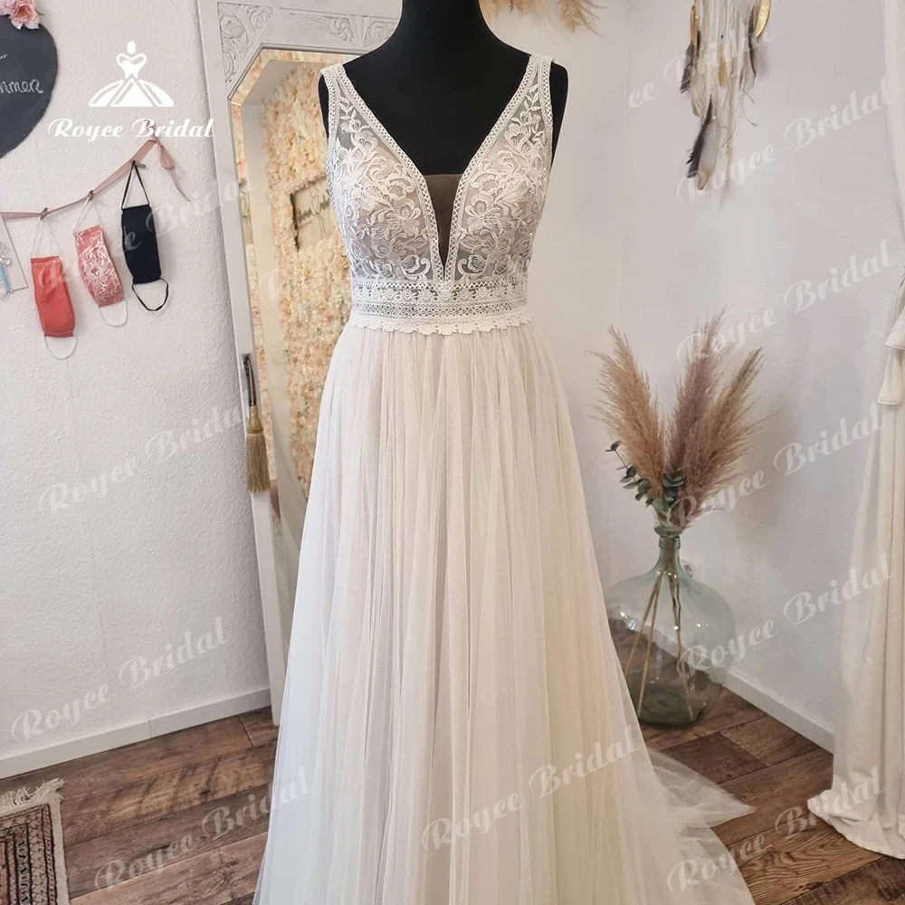 

Roycebridal Plunging Lace Bodice Tulle Beach Wedding Dress A Line Boho Style Beach Wedding Bridal Gown robe mariage femme