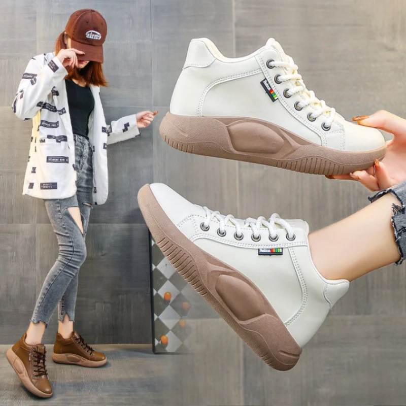 

Autumn New Loafers Versatile Fashion High-top Warm Leather Platform Small White Shoes Woman