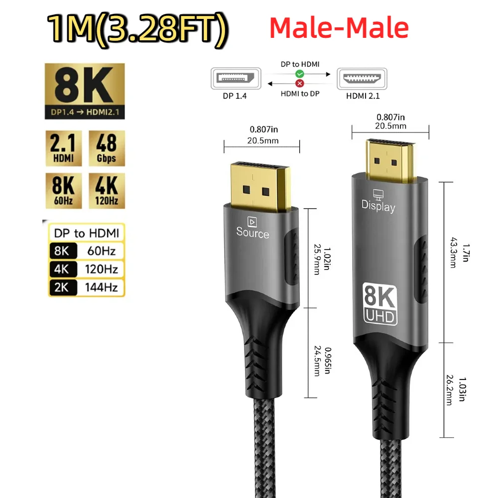 8K @ 60 هرتز DisplayPort إلى HDMI متوافق مع DP إلى...