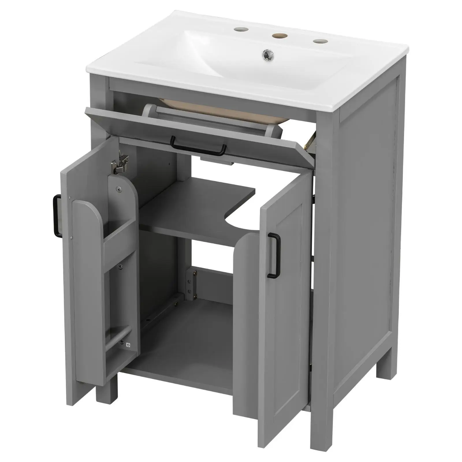 Grey Solid Wood Bathroom Vanities Ceramic Sink Combo Space Saving Doors Cabinet Set for Small Contemporary Bathrooms