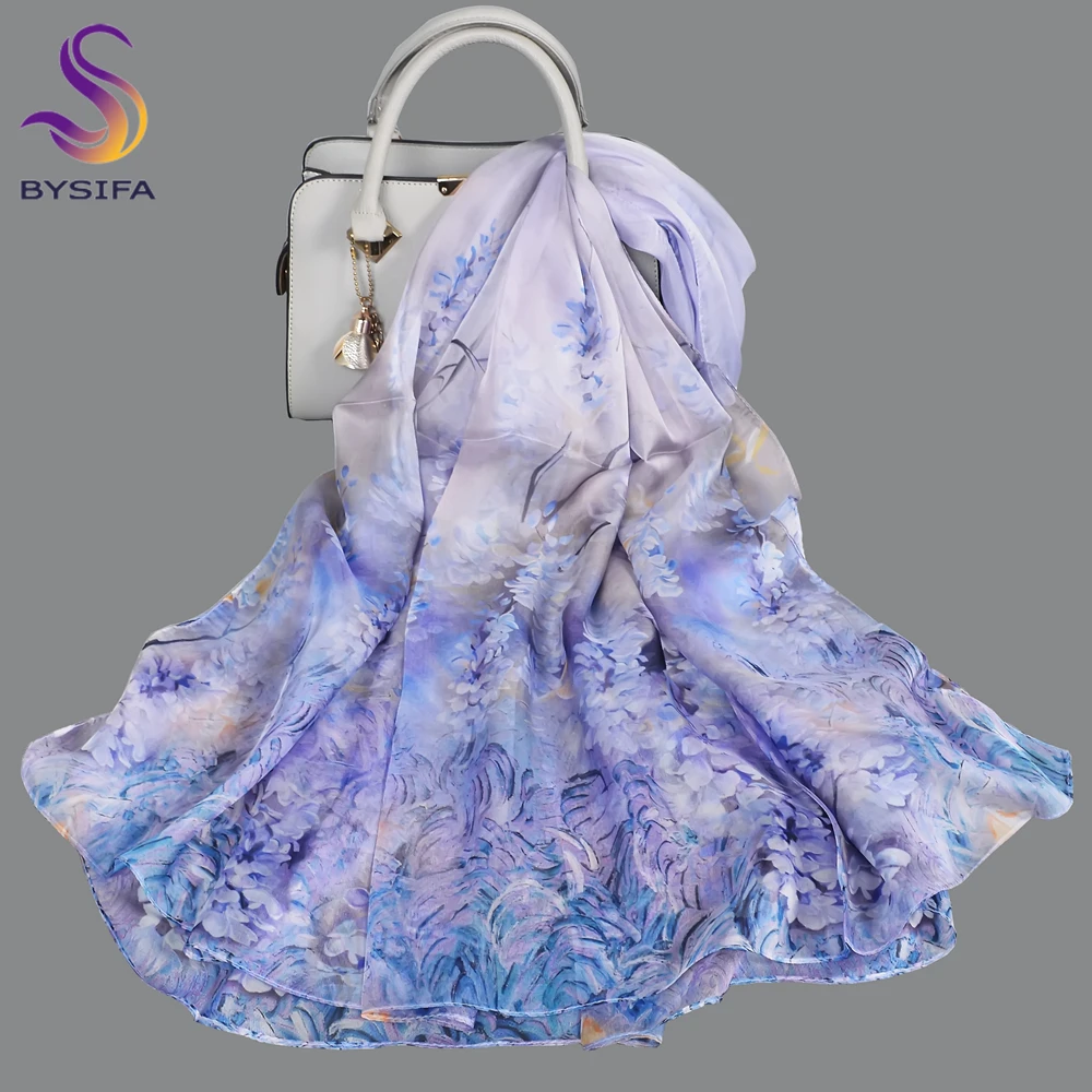 

BYSIFA|New Purple Blue 100% Silk Scarf Hijab Ladies Fall Winter Floral Style Chiffon Long Scarves Echarpes Beach Shawl180*110cm