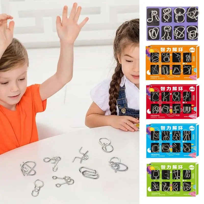 Metal IQ Puzzle Set 8Pcs Wire Puzzle Set Toy Wire IQ Mind Brain Teaser Puzzles Game Reliever Educational Toys Kids Puzzle Toys