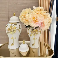 Ceramic Ginger Jar Sealed Storage Tank Flower Vase Decorated Checkmate Jar Golden Embossed Flower Chinese Vintage Bottle 1