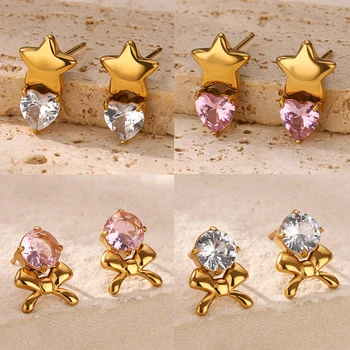 Cute Heart Zircon Star Earrings for Women Gold Color Bow Stud Earrings 2025 Trend Piercing Wedding Jewelry Christmas Gift