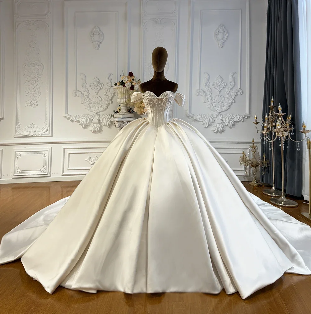 Customized Luxury Square Neck Beaded Pearl Embroidery Shiny Women Wedding Dress Chapel Forma Bridal Gown Vestido De Novia
