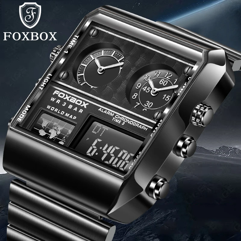 New Original FOXBOX Luxury Square Stainless Steel Men's Digital Wristwatch Fashion Business Waterproof Luminous Watches For Men
