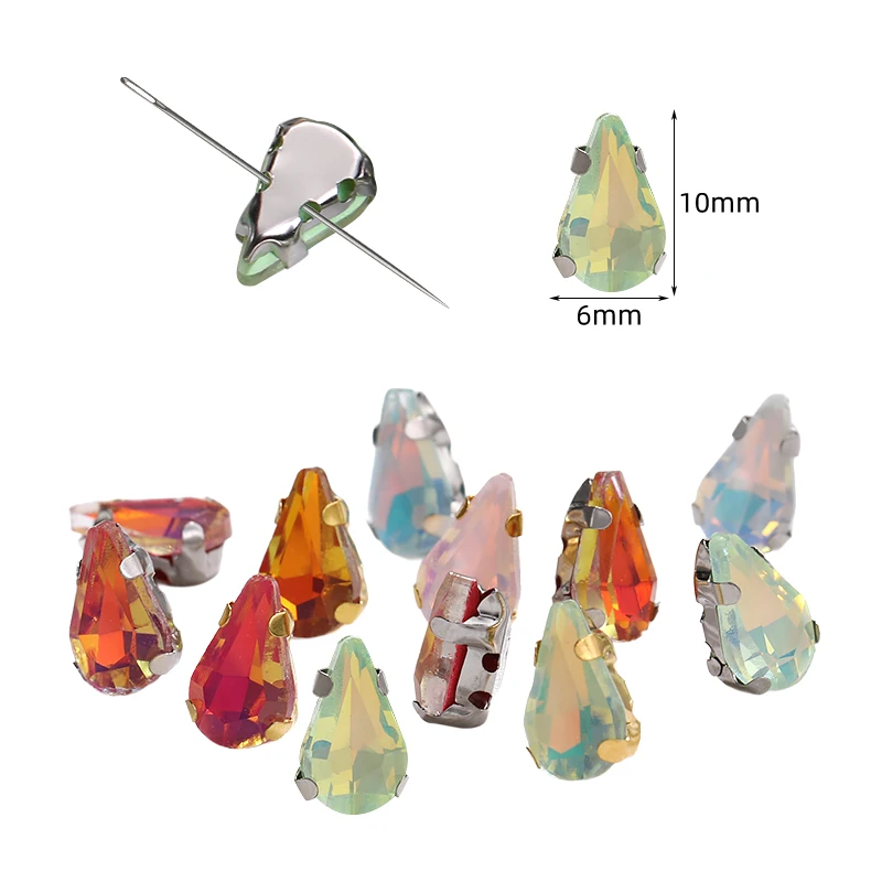 6x10mm 드롭렛 바느질용 라인스톤 오팔 크리스탈, 쥬얼리 액세서리용 실버 골든 메탈 베이스 바느질 스톤 유리 크리스탈