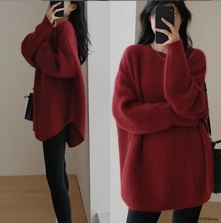 

Loose Fluffy Sweater Pullovers Women Autumn O-neck Long Sleeve Soild Female Knit Pullover Fashion Curved Hem Lady Knitwear