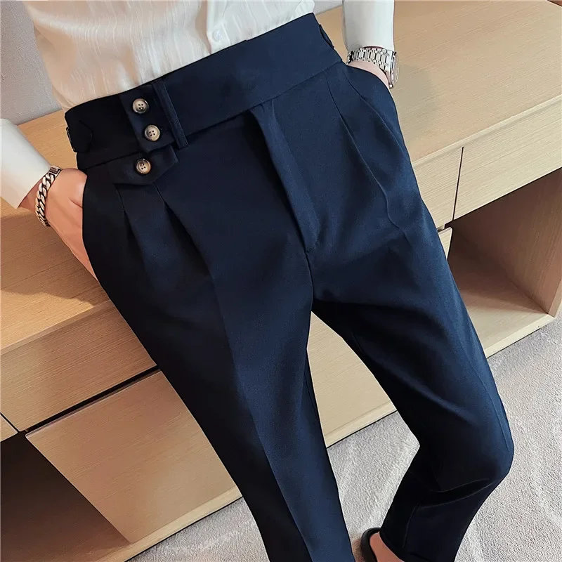 Men Pants Suit Pants British Style High Waist Dress Pants Autumn Casual Trousers Slim Fit Formal Men Clothing