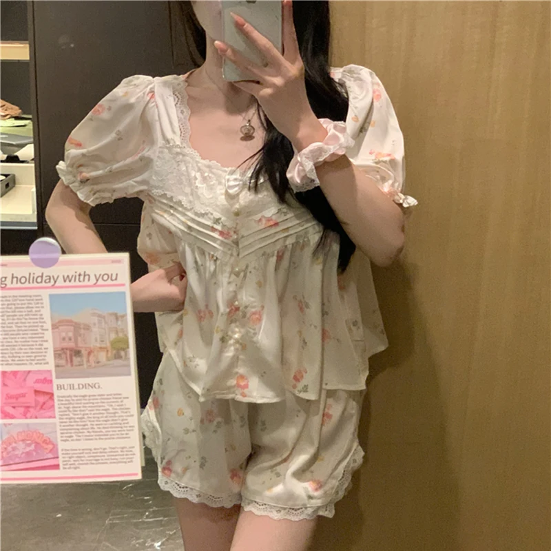 Floral Print Lace Square Collar Shirts + Shorts Summer Pajamas Set Women Korean Silk Perls Buttons Soft Sleepwear Sweet Girls