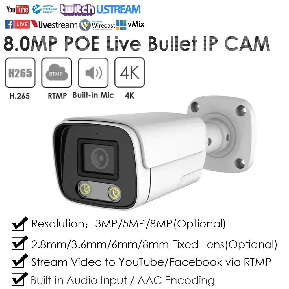 POE IP Camera 4K 8MP RTMP CCTV Live Streaming Push Video