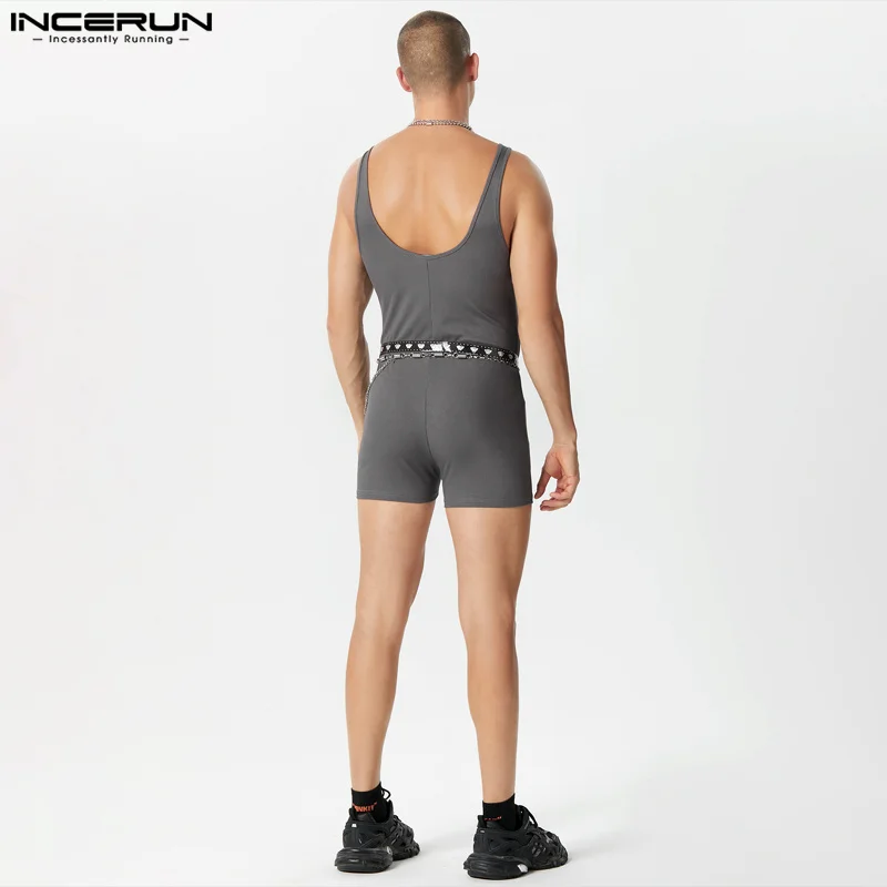 INCERUN 2023 Sexy Style Men Rompers Fashion Suspender Design Jumpsuits Fashionable Male Striped Solid Sleeveless Bodysuits S-3XL