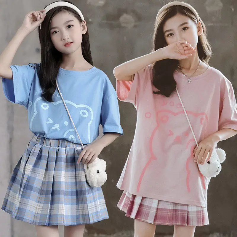 

Summer Girl Clothes Korean Short Sleeve Cute T-shirt Top + Pleated Skirt Set Big Kids School Students Teen Little Girls Clothes