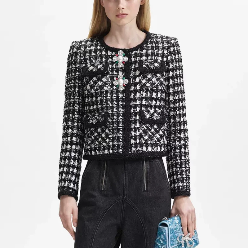 

2023 Autumn and Winter New Women Tweed Sequined Houndstooth Coat