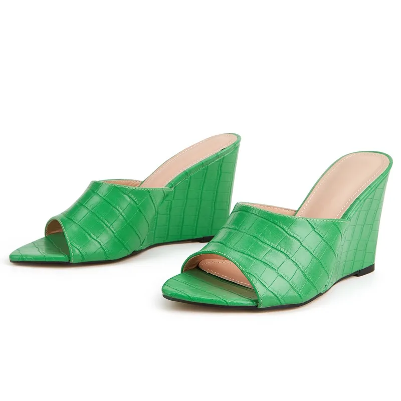 Size 3643 Designer Green Crocodile Wedges High Heels Mules Slippers