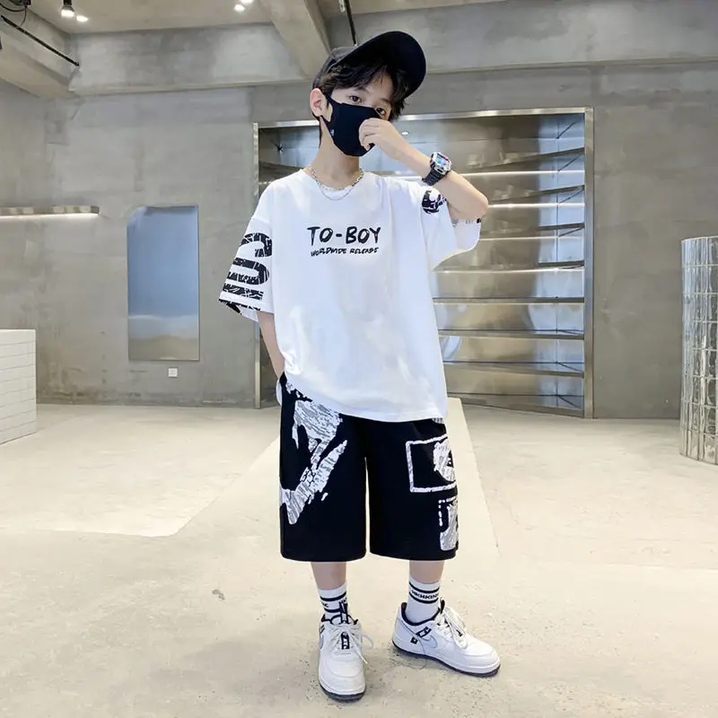 

Teenage Boys Summer Fashion Cotton Solid 2Pcs Short Sleeve T-shirts+Shorts Suits 4-14Years Boys Casual Tops Children Clothes Set