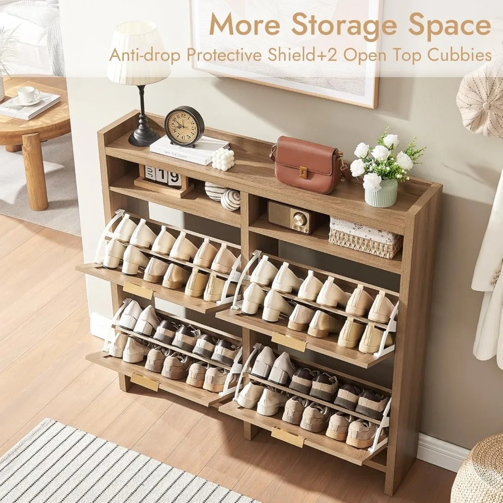 Large Rattan Shoe Storage Cabinet with 4 Flip Drawers & 2 Open Storages – Hidden Slim Shoe Organizer for Entryway, Large Tableto 5
