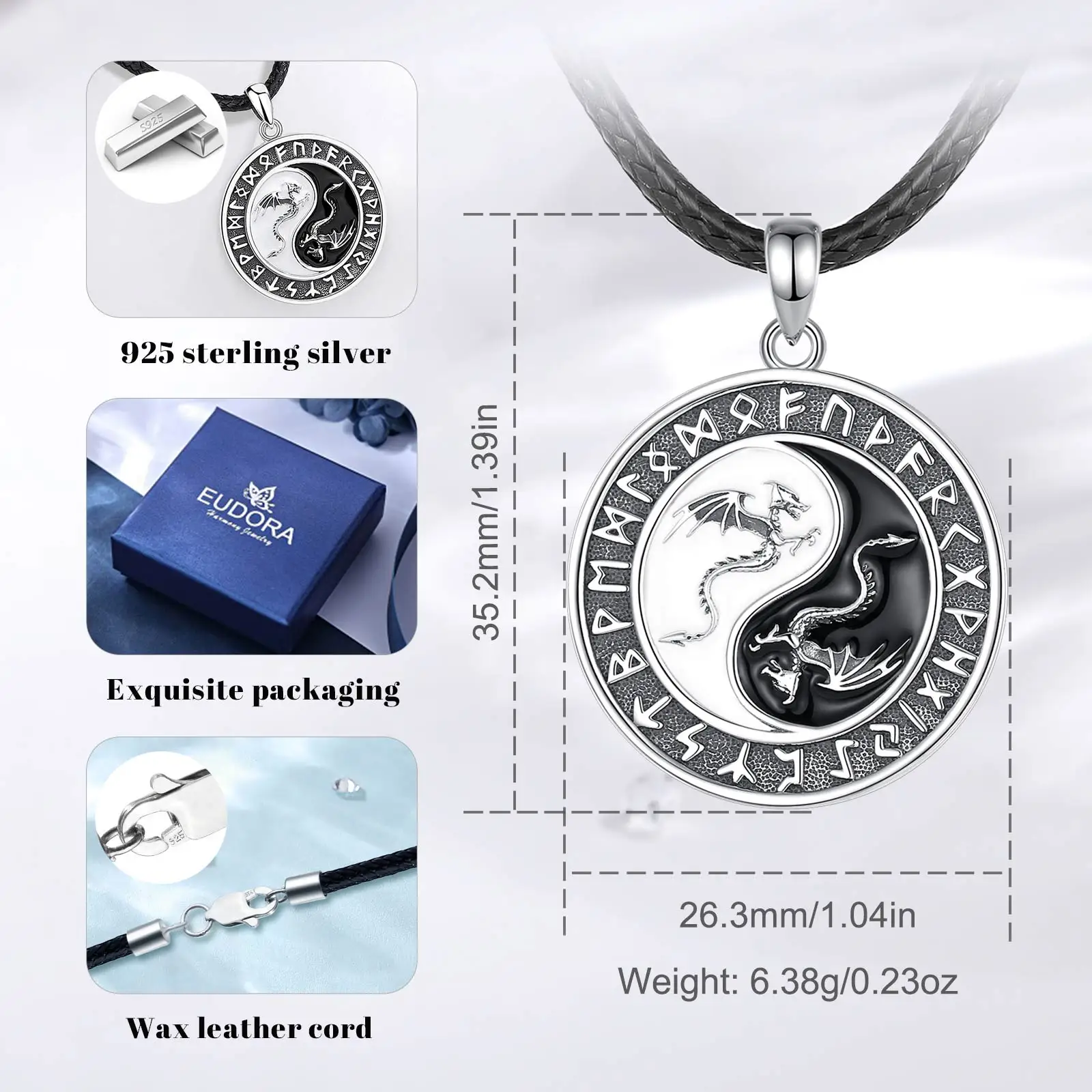 Eudora 925 Sterling Silver Viking Runes Dragon Necklace for Women Man Yin Yang Tai Chi Amulet Pendant Personality Jewelry Gift pendant necklace silver necklace silver necklace charms