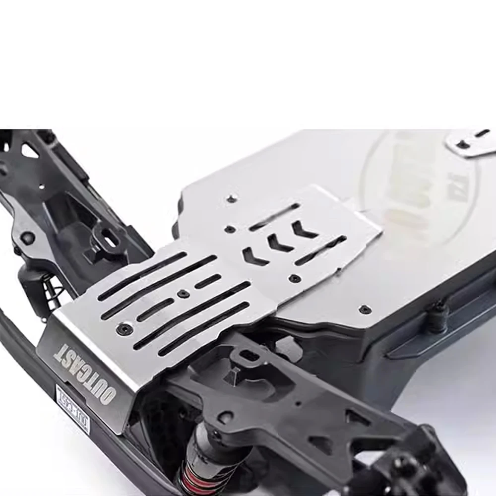 Protection de châssis en acier inoxydable pour ARRMA 1/10 OUTCAST 4S V2, face inférieure montrant les découpes