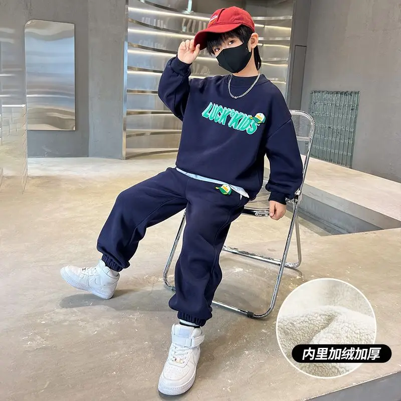 

2023 Boys Letter Clothing Sets Korean Winter New Arrivals Teen Pullover Top Pants 2pcs Plus Velvet Thicken Warm Boy Sets Outfit