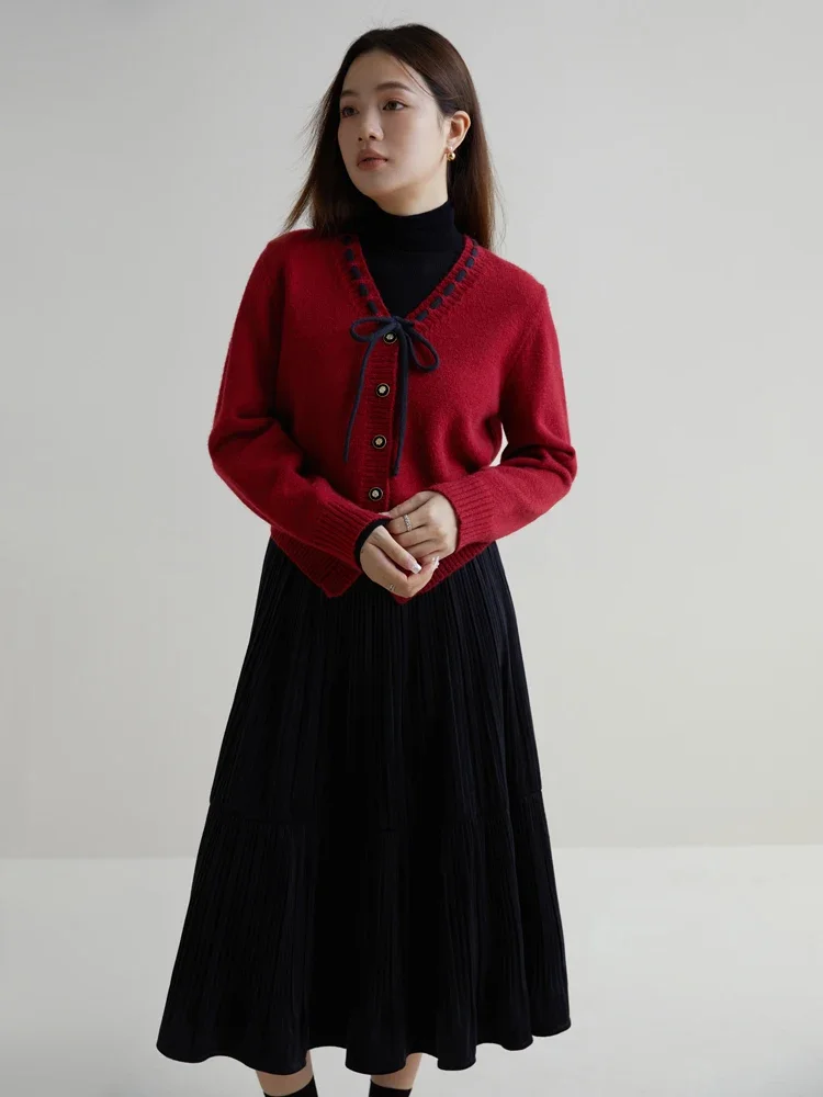 DUSHU 여성용 스위트 브이넥 레이스업 레드 스웨터, 부드러운 여성 스웨터 재킷, 템퍼러먼트 니트 블랙 카디건, 2023 겨울