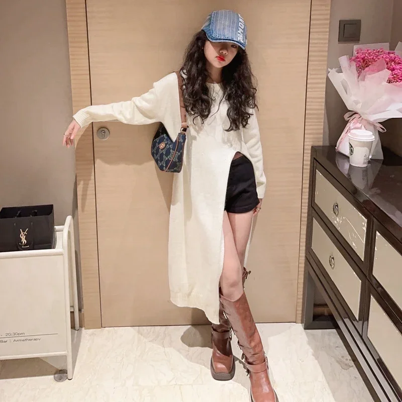 

Autumn Fashion 4-15 Children Teenage girls Long Split Sweater Design Casual Beige Slit Knitwear Top Clothes Kids clothing