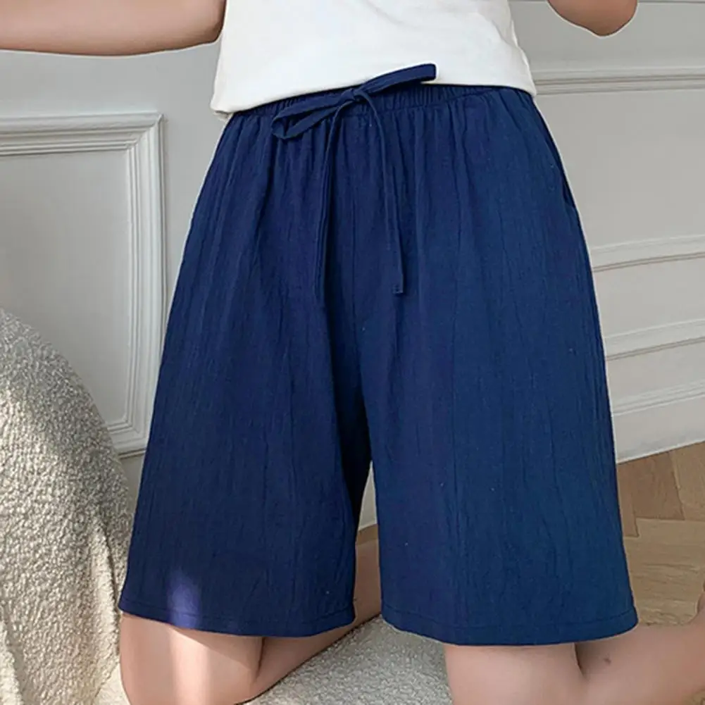 

Women Summer Casual Shorts Elastic Waist Drawstring Pockets Shorts Solid Color Wide Leg Loose Short Pants Streetwear