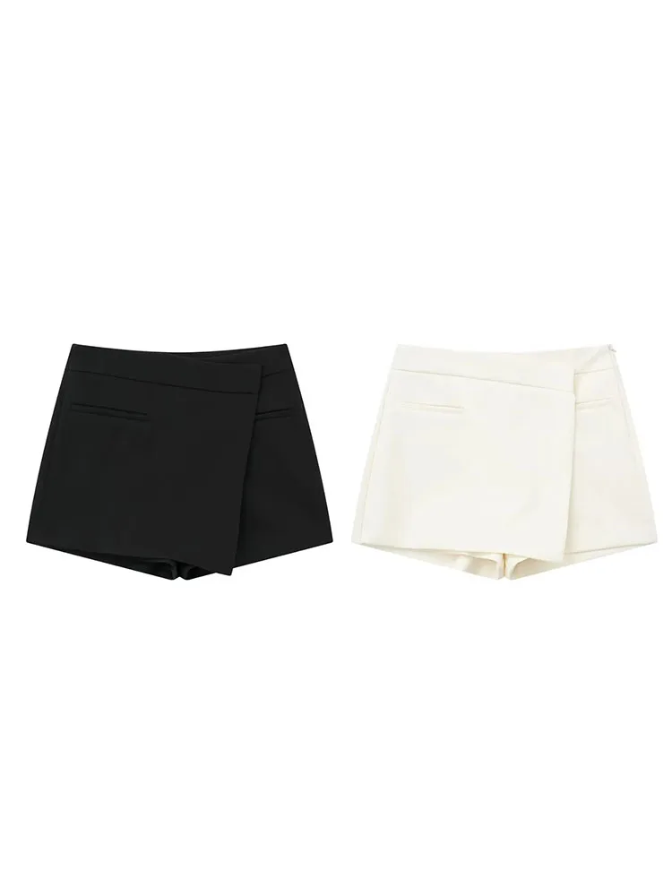 

TRAF 2023 Summer New Women's Fashion Asymmetrical Shorts Skirt Retro High Waist Side Zipper Culottes