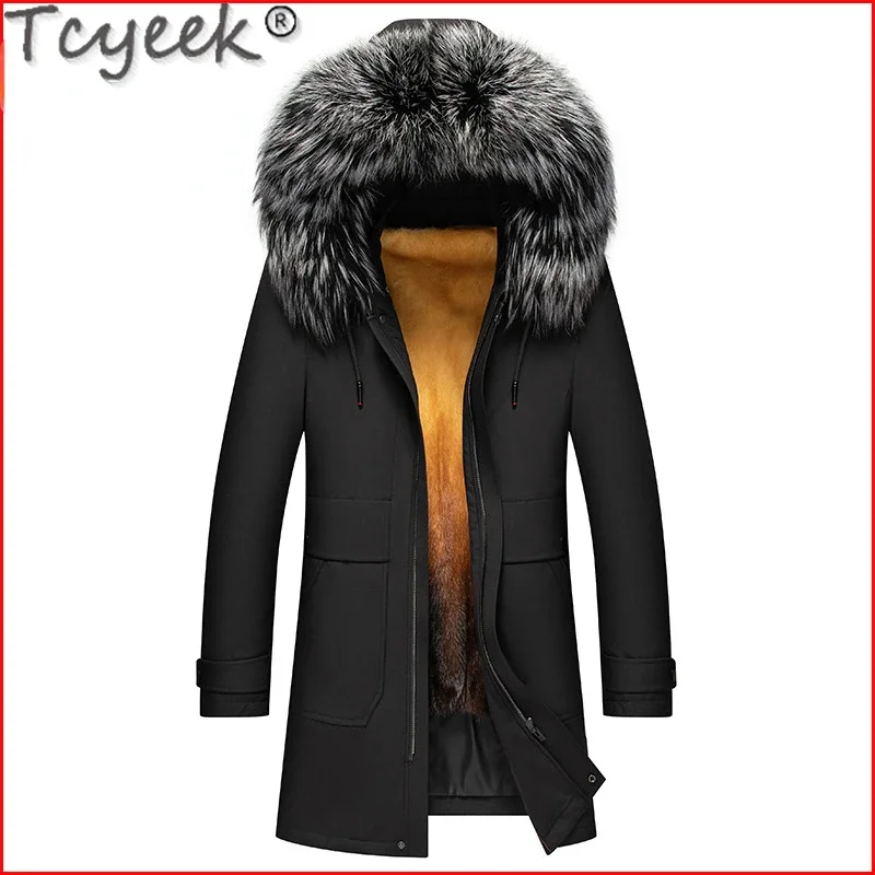 

Пальто Tcyeek из натурального меха кролика Рекс, мужские зимние куртки для мужчин, Модная парка средней длины, теплый большой воротник из Меха чернобурки