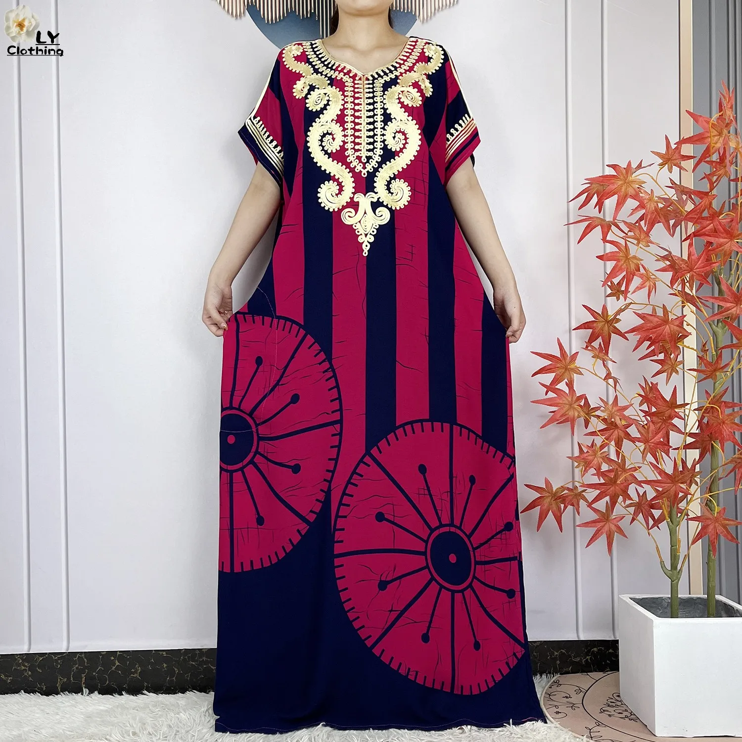 2024 Latest Style African Women Summer Short Sleeve Dubai Kaftan Stripe Printed Cotton Maxi Muslim Femme Loose Abaya Clothing 3
