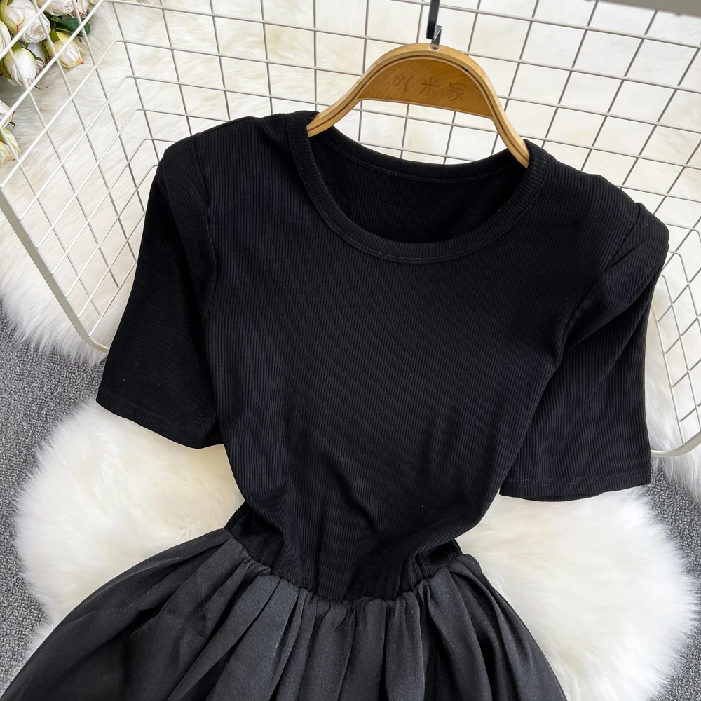Summer Vintage French Women Chic Female Ladies Vestido Fashion A Line Elegant Casual Party O Neck Ruched Basics Solid Girl Dress