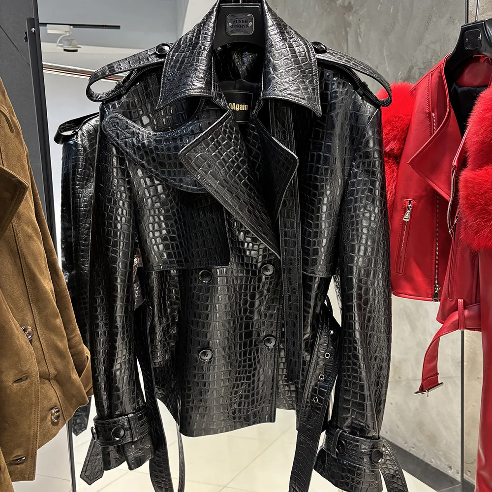 YOLOAgain veste en cuir véritable noir femmes manteau en cuir véritable avec ceinture