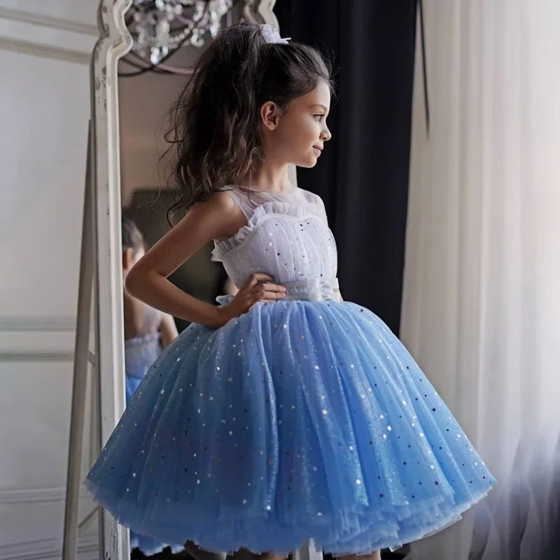 New Girls Princess Dress Sleeveless Gauze Fluffy Dress Gradient Blue Tutu Performance Pom Dress Baby Girl Clothing
