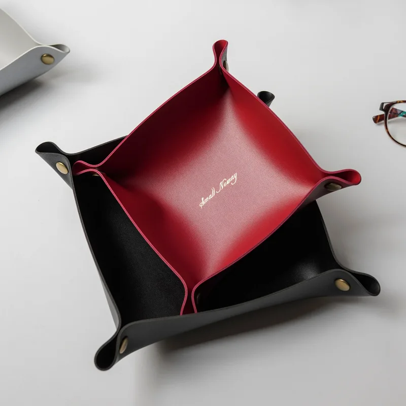 

Desktop Storage Jewelry Organizer Tray Leather Key Plate Makeup Decoration Tray Key Wallet Coins Portable Folding Storage Box