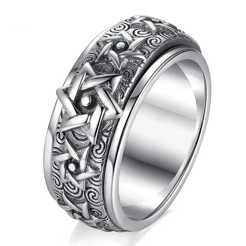 Silver ring Rotatable Silver Ring Men's Retro Creative Domineering Six-pointed Star Wide Version Thai Index Finger Closed Accessory