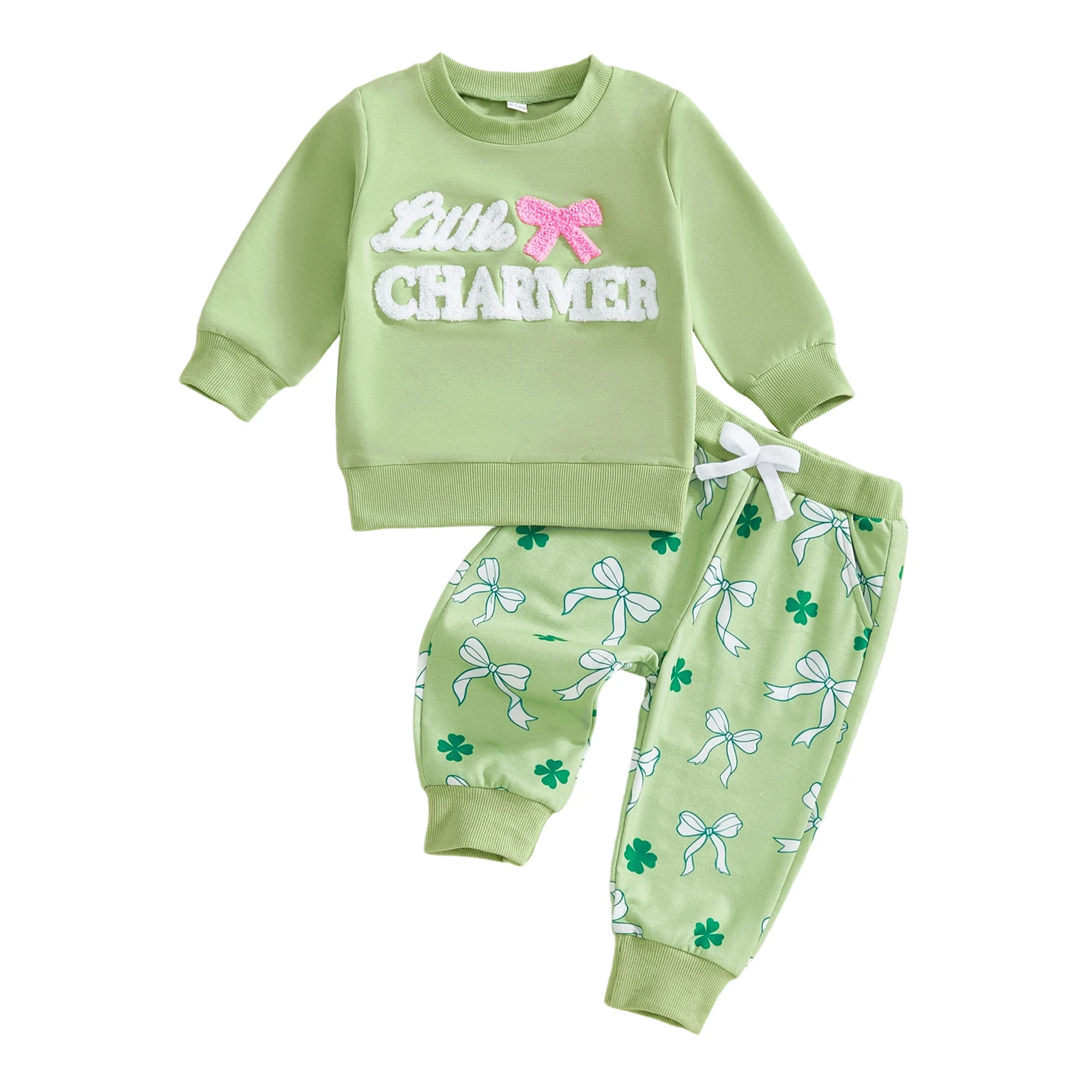 Girls St Patrick s Day Outfit Long Sleeve O Neck Top with Bow Embroidery and Clover Print Pants Set