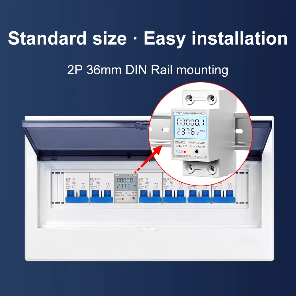 Electric Energy Meter with LCD Digital Display and DIN Rail Mounting